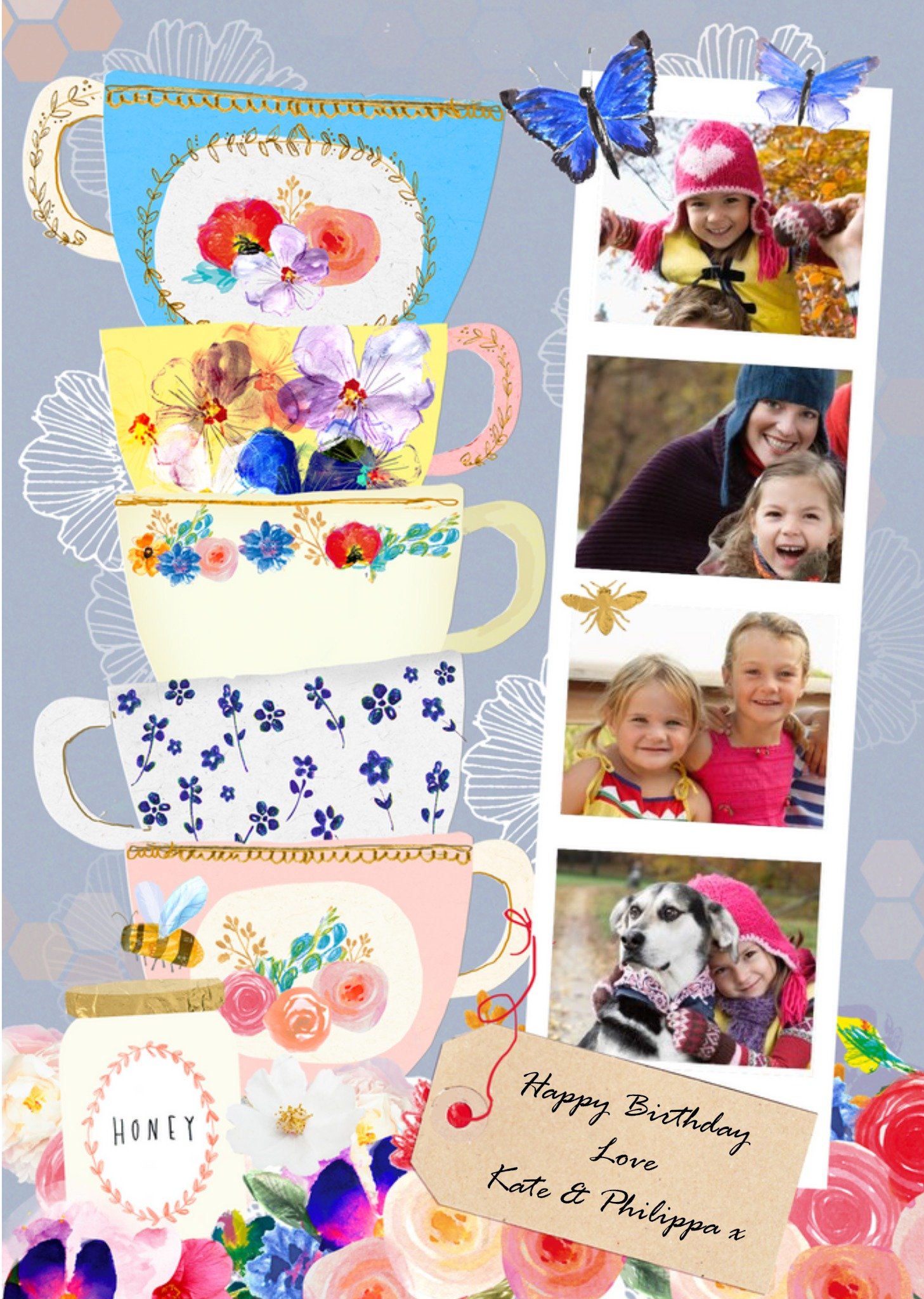 Moonpig Bright Colours And Gorgeous Printed Tea Cups Personalised Photo Card, Large
