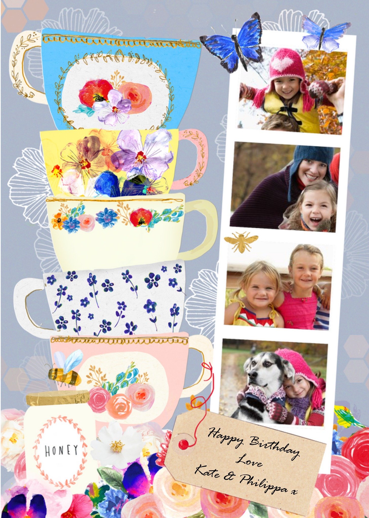 Bright Colours And Gorgeous Printed Tea Cups Personalised Photo Card Ecard