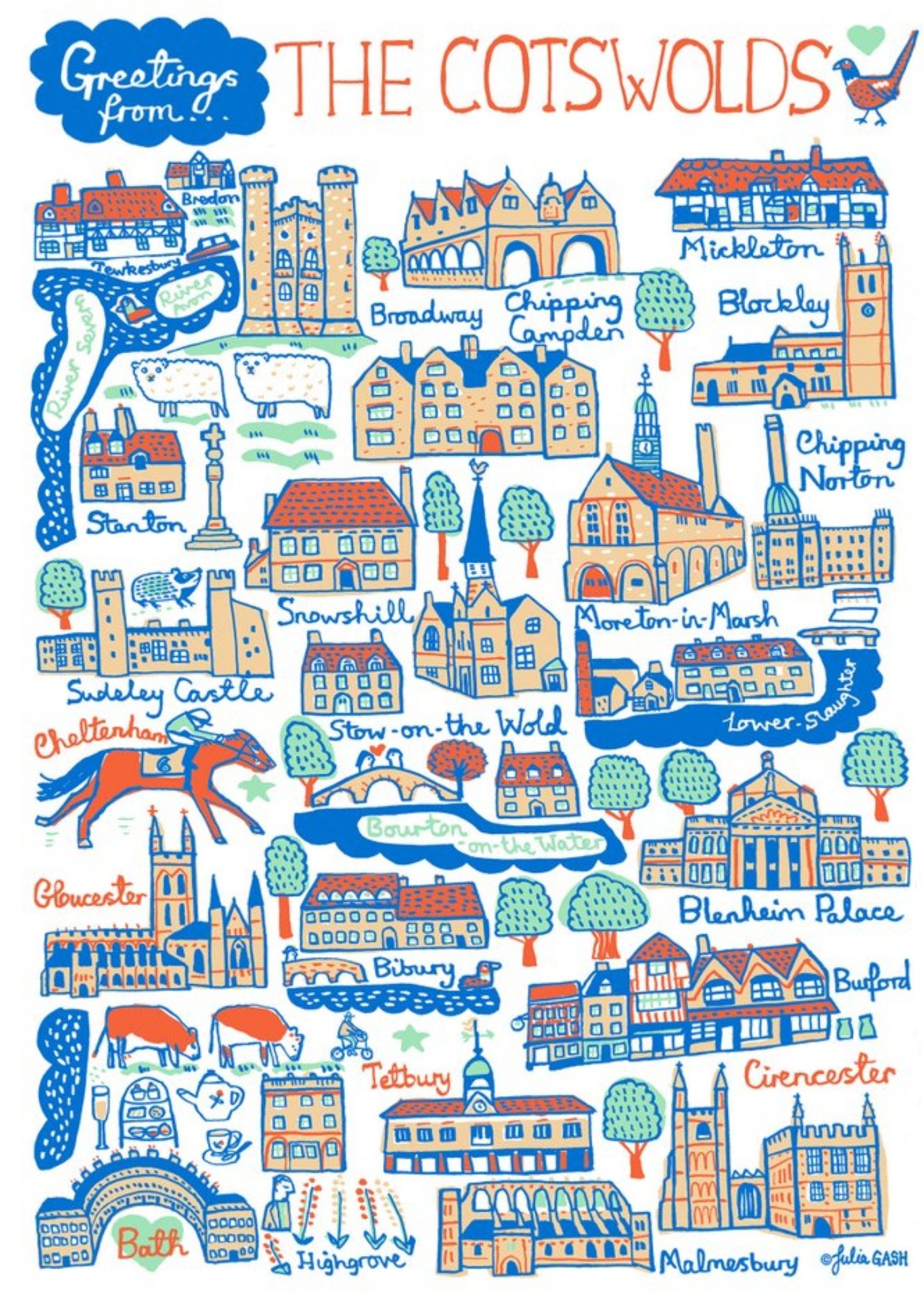 Illustrated Scenic Map Greetings From The Cotswolds Card Ecard