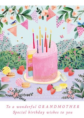 Pretty Illustrated Birthday Cake And Flowers Grandmother Birthday Card