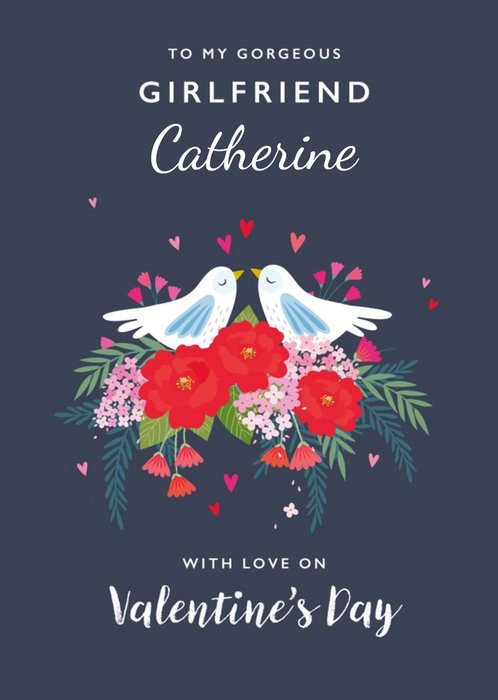 Cute Illustration Of A Two Doves In A Bouquet Of Flowers Girlfriend Valentine's Day Card
