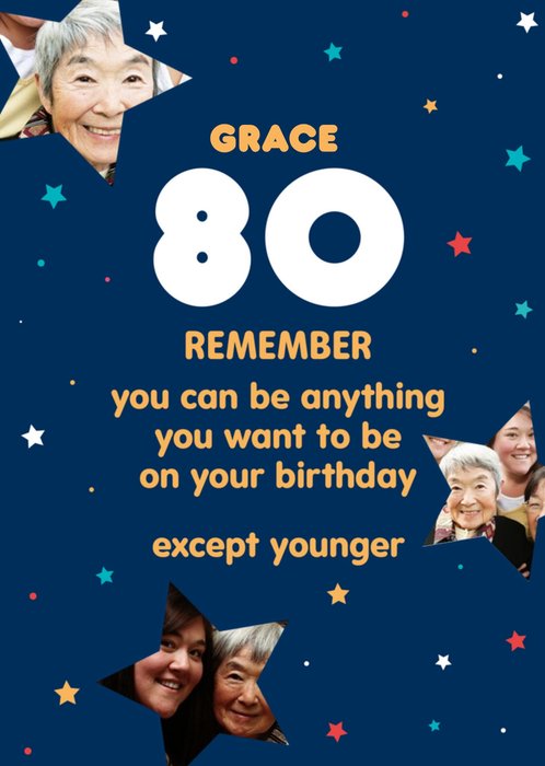 Triple Photo Upload Typographic 80th Birthday Card