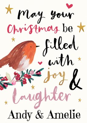 Festive Joy And Laughter Watercolour Illustrated Robin Typography Christmas Card