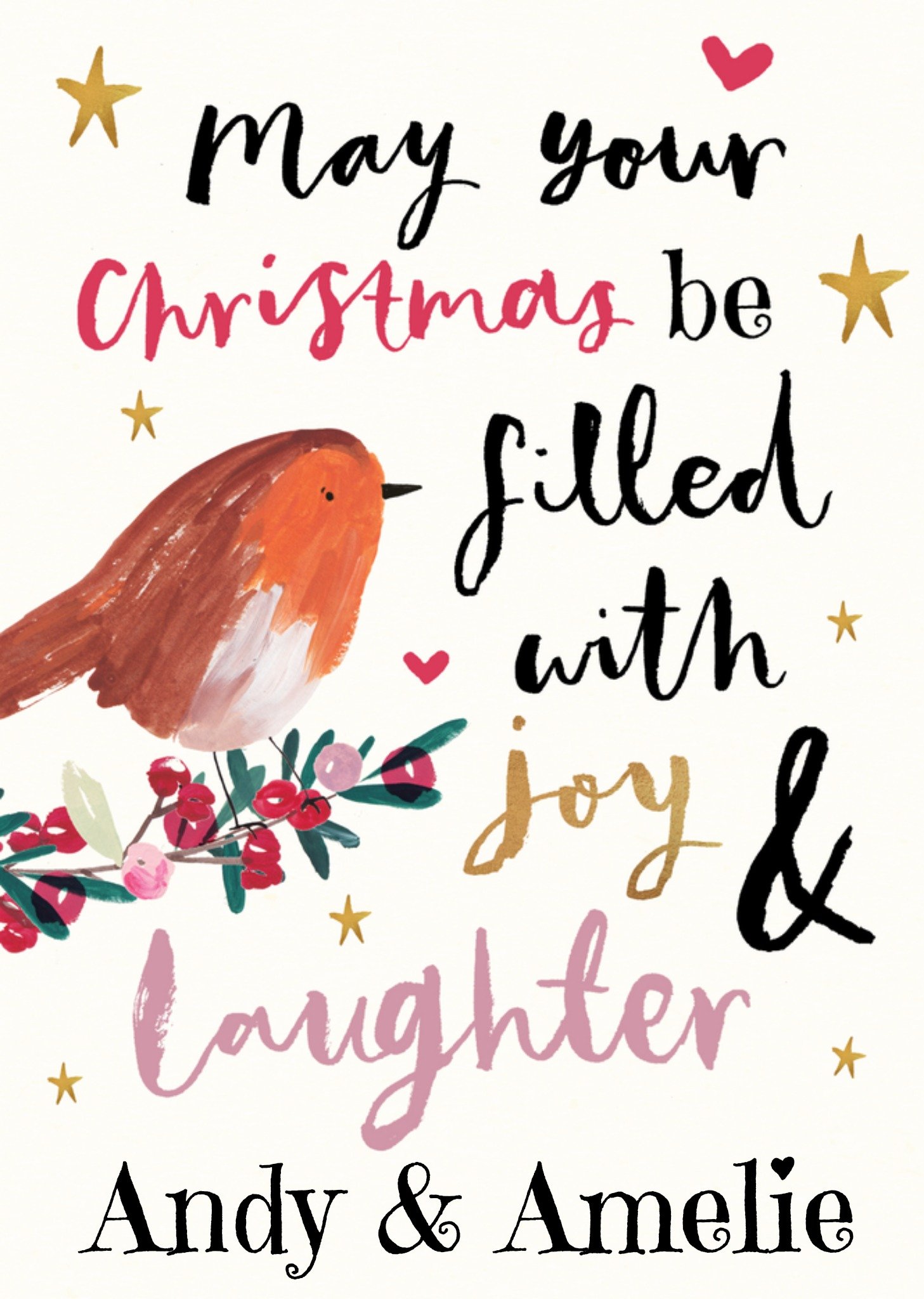 Moonpig Festive Joy And Laughter Watercolour Illustrated Robin Typography Christmas Card Ecard