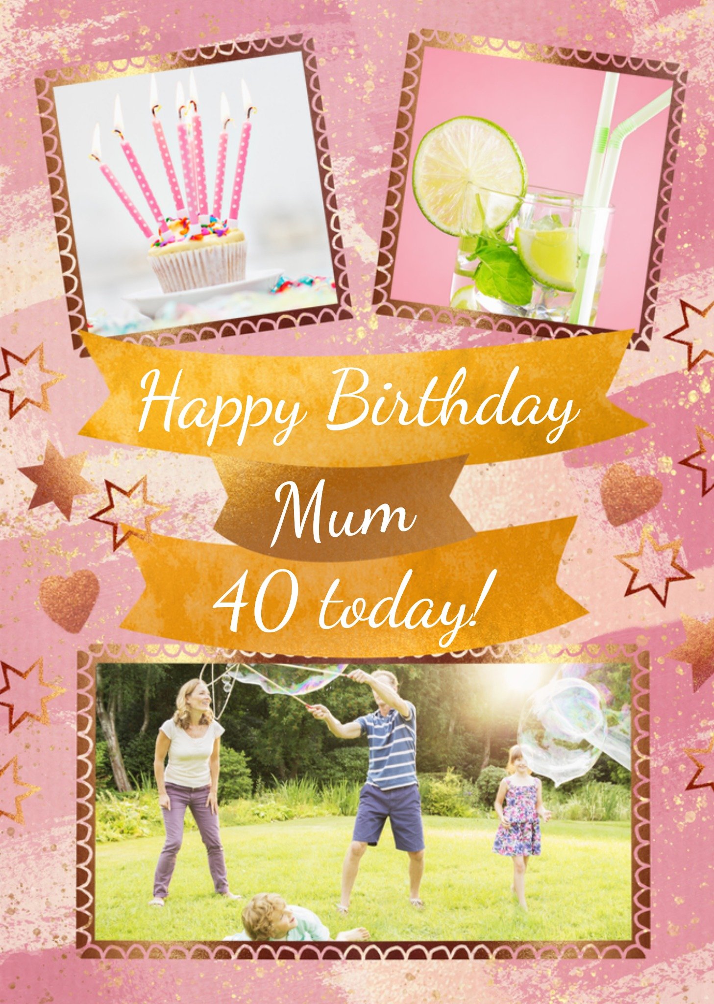 Mum 40 Today Photo Upload Pink And Gold Birthday Card Ecard