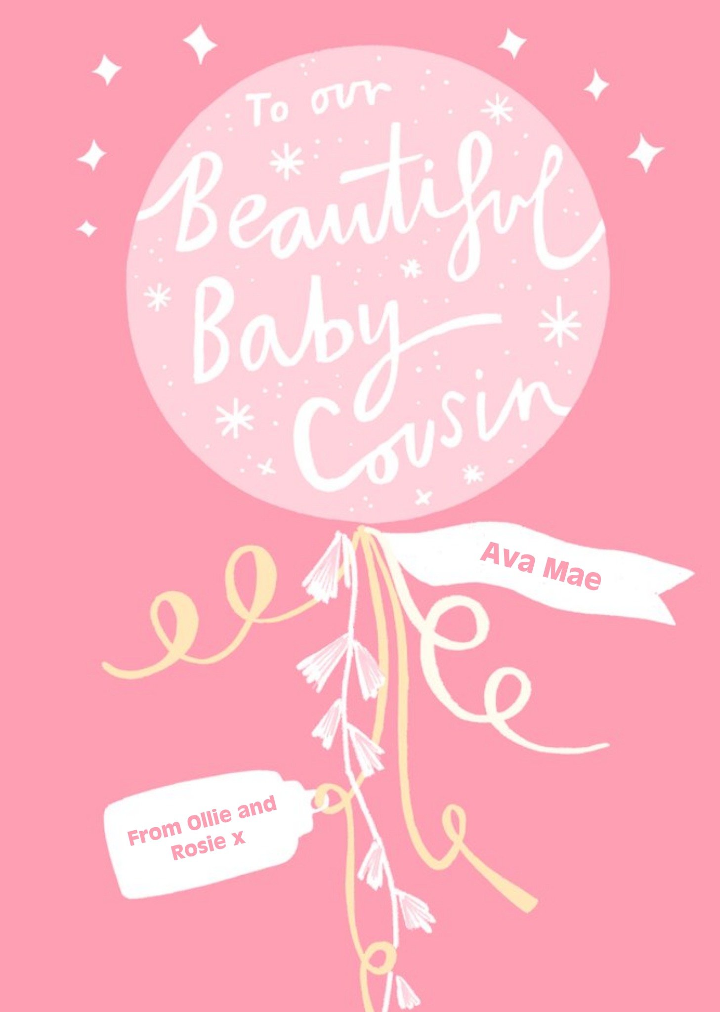 Moonpig Cute Illustrated To Our Baby Cousin Balloon New Baby Girl Card Ecard