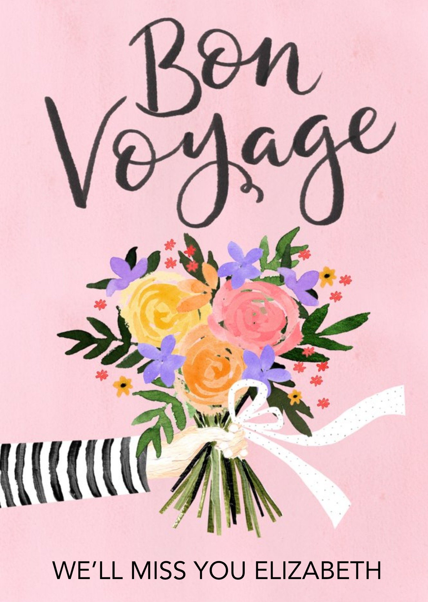 Okey Dokey Design Illustration Of A Bouquet Of Flowers On A Pink Background Bon Voyage Card Ecard