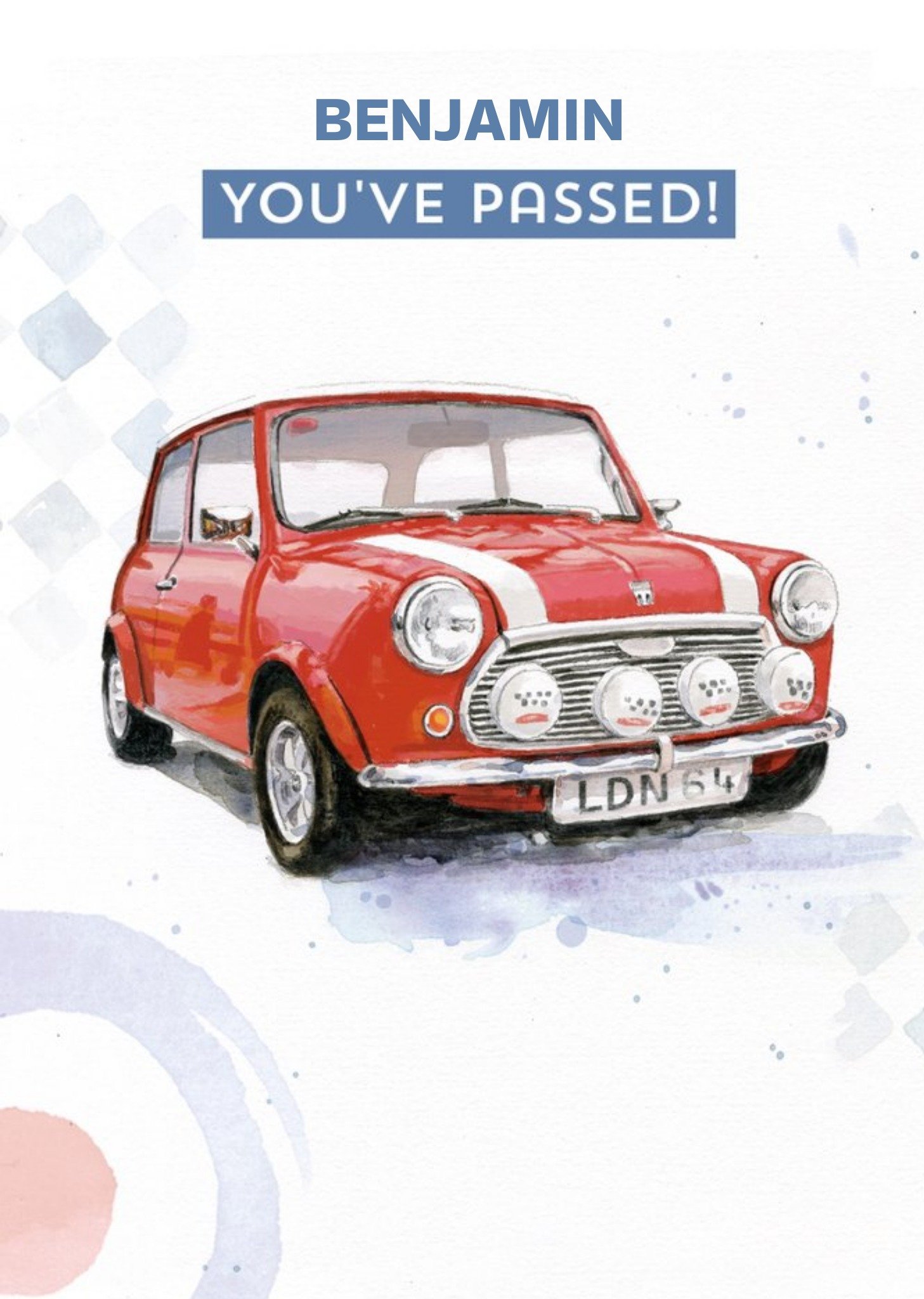 Guk Watercolour Illustrated Vintage Mini Cooper Passed Driving Test Card