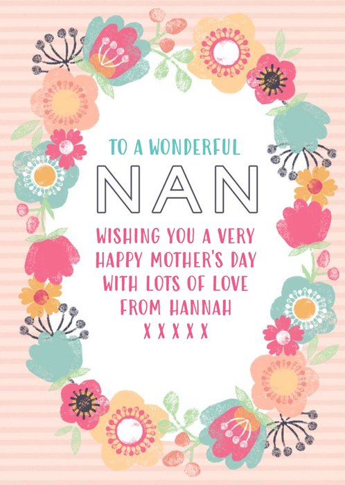 Peach Stripes And Bright Flowers Personalised Mother's Day Nan Card