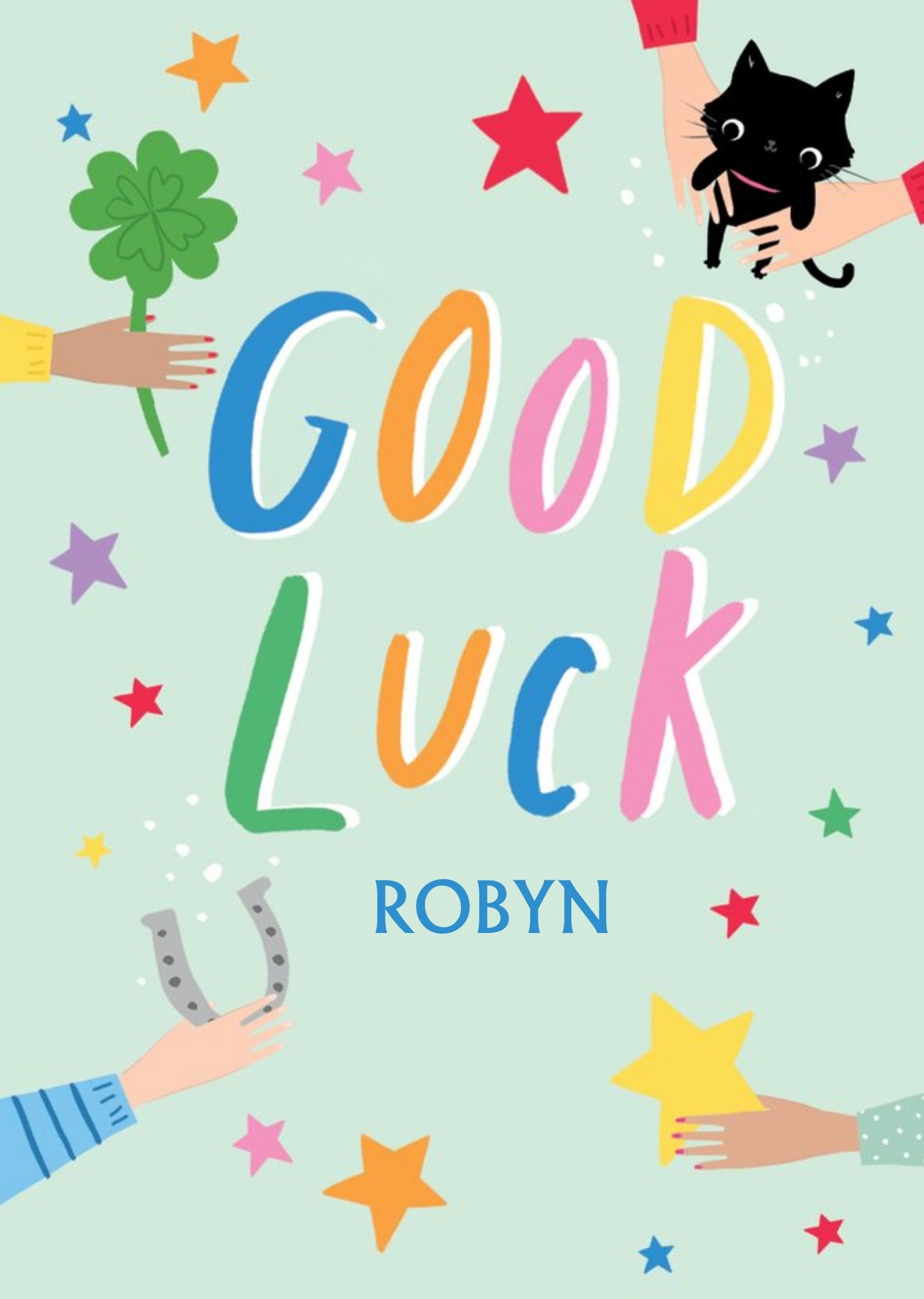 Personalised Colourful Typographic Illustrated Good Luck Card Ecard