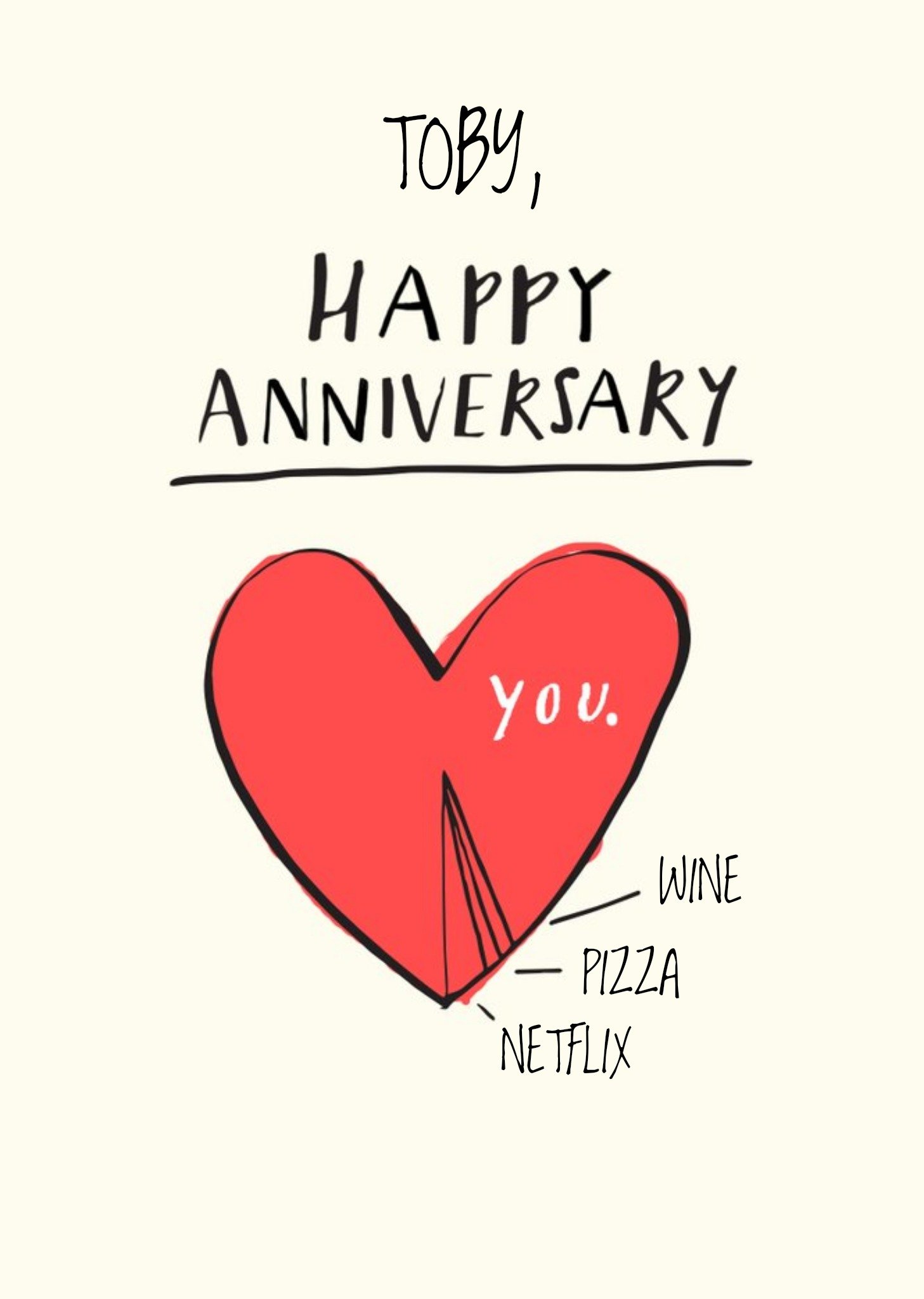 Moonpig Anniversary Card - Love Heart - Wine - Pizza - Netflix Ecard
