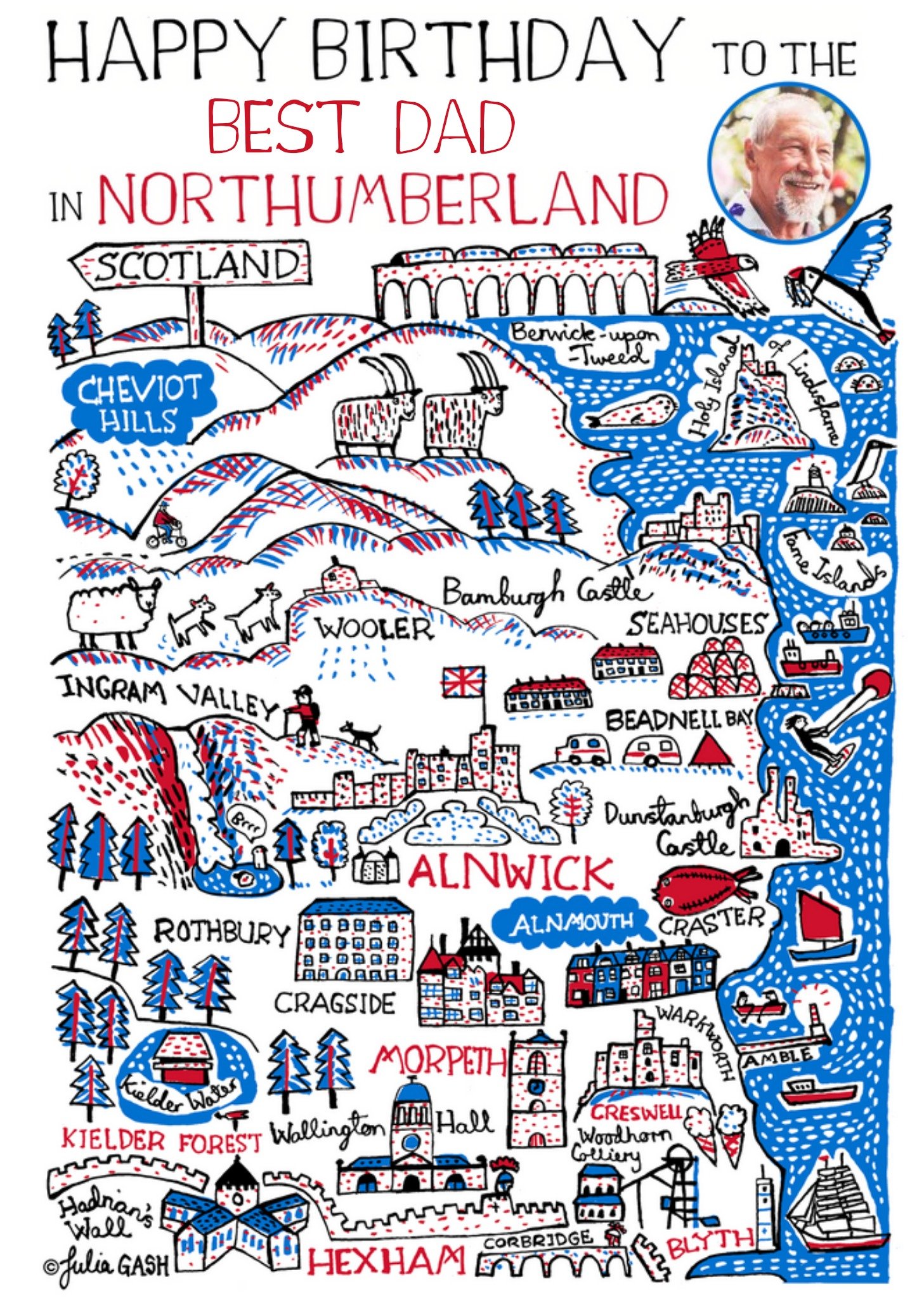 Moonpig Vibrant Collage Illustration Of Northumberland Photo Upload Birthday Card Ecard