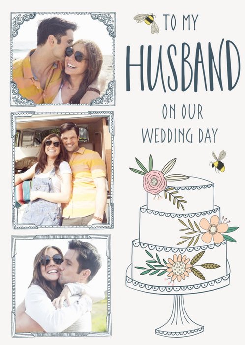 Floral Photo Upload Wedding card - Husband - Traditional Flowers And Bumblebee