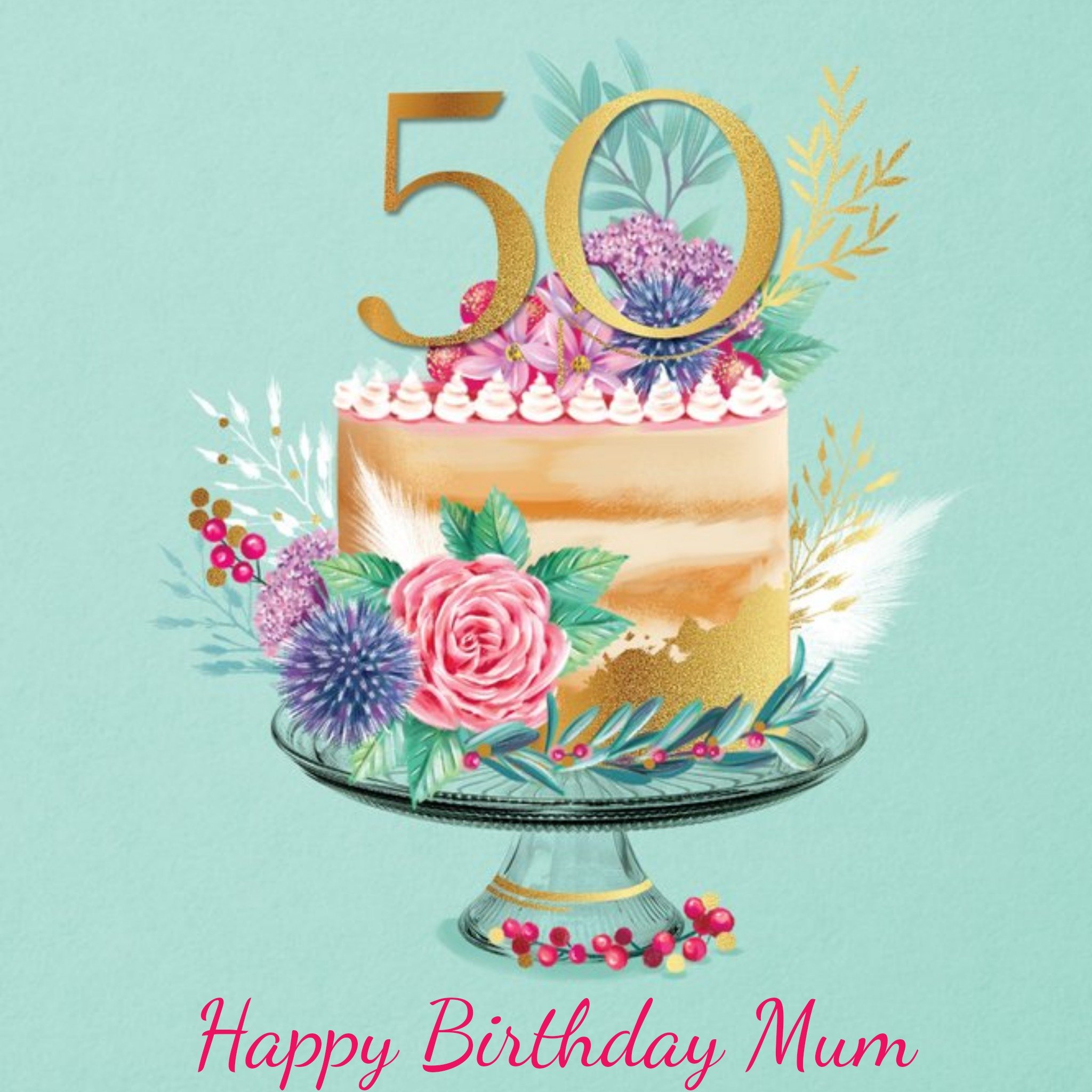 Ling Design Illustrated Decorated Cake Mum 50th Birthday Card, Square