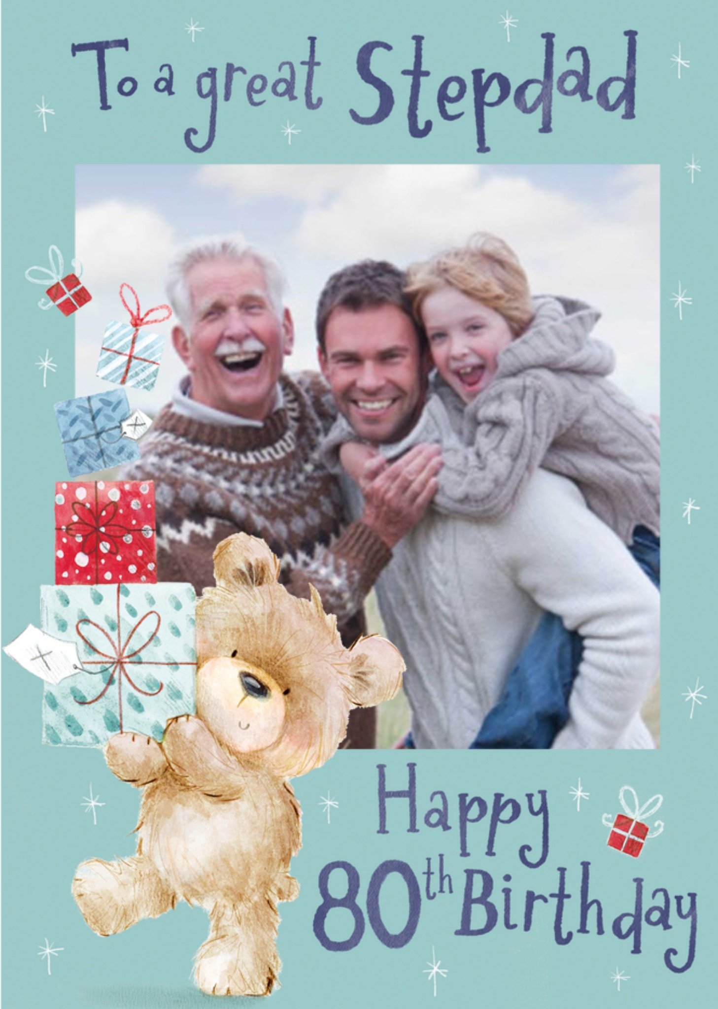 Illustration Of A Bear Holding Presents Stepdad's Eightieth Photo Upload Birthday Card Ecard