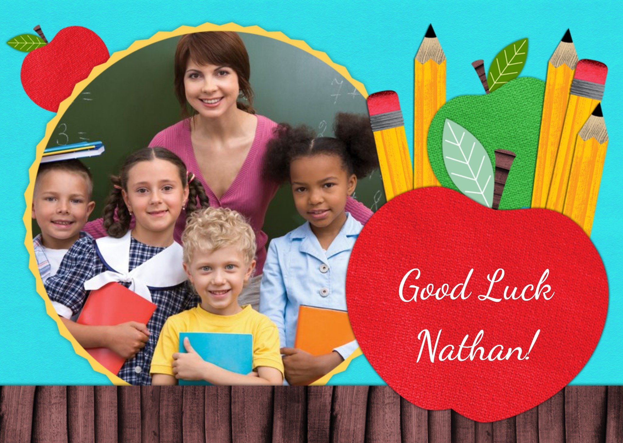 Apple On School Desk Personalised Photo Upload Good Luck Card Ecard