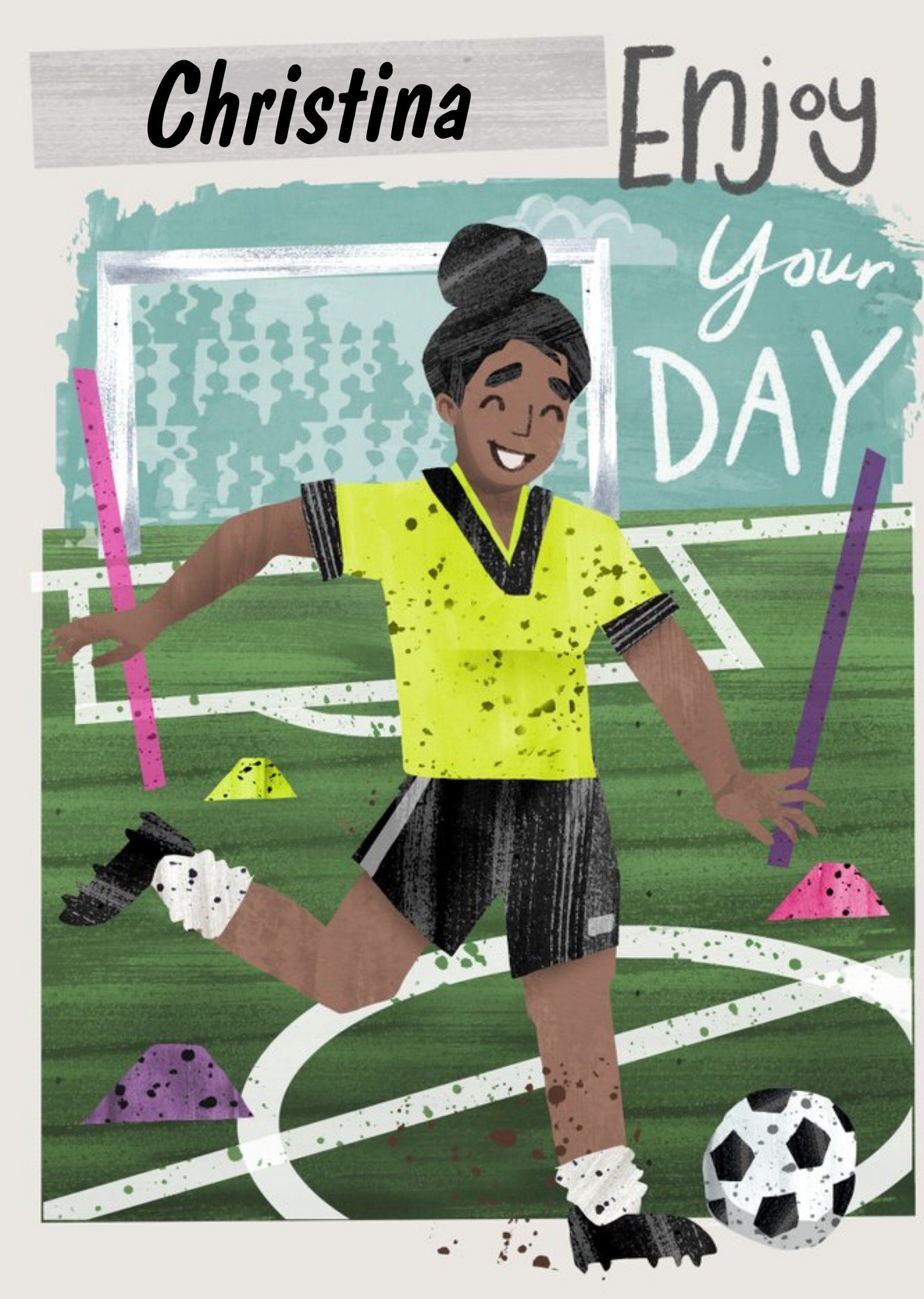 Moonpig Illustration Of A Girl Playing Football. Enjoy Your Day Birthday Card, Large