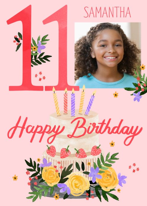 Illustrated Photo Upload Cake Floral 11th Birthday Card