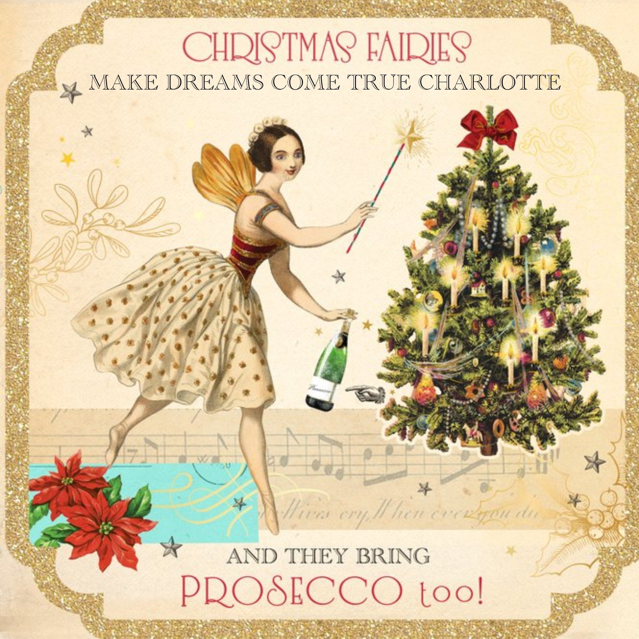 Moonpig Christmas Fairies Bring Prosecco Personalised Christmas Card, Large