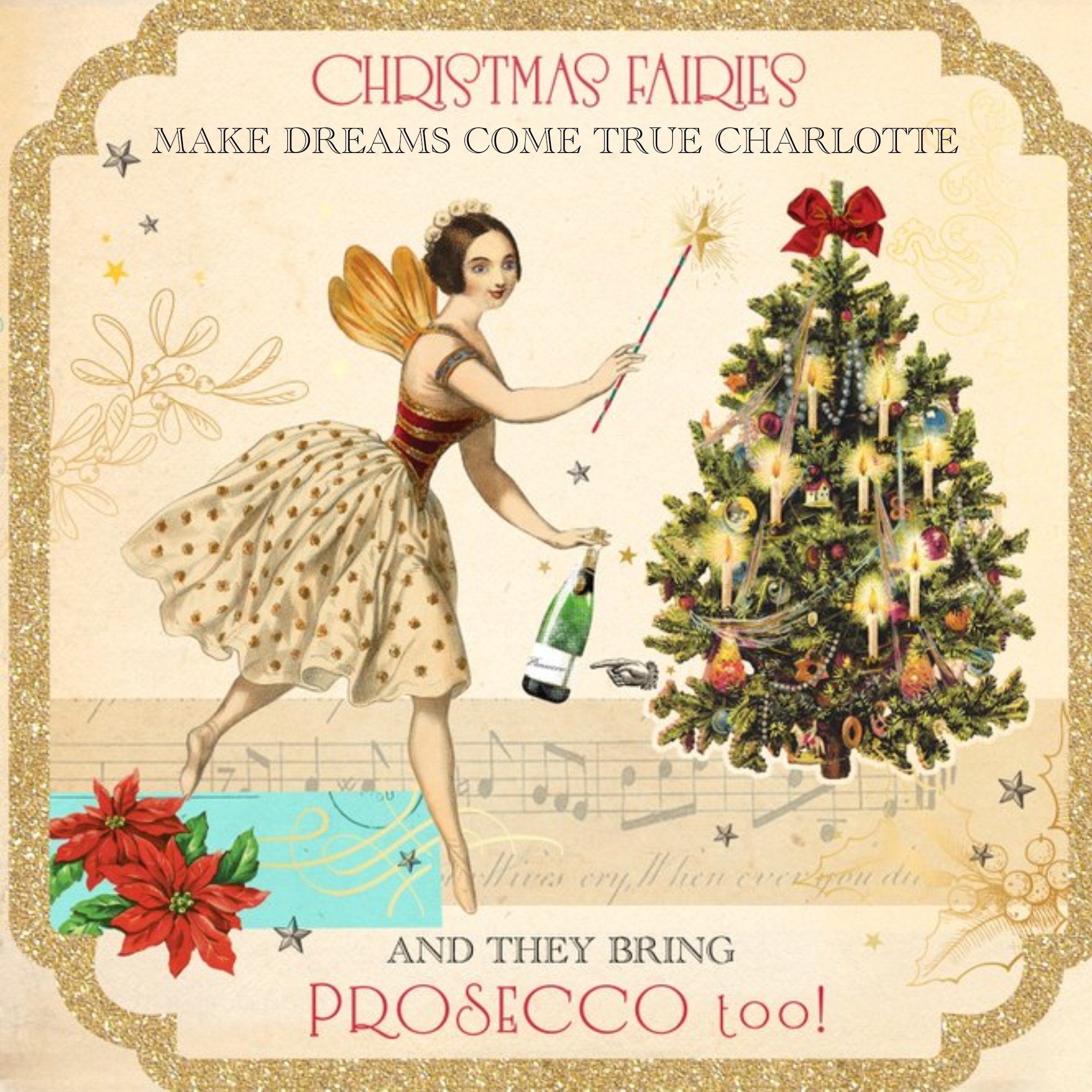 Christmas Fairies Bring Prosecco Personalised Christmas Card, Square