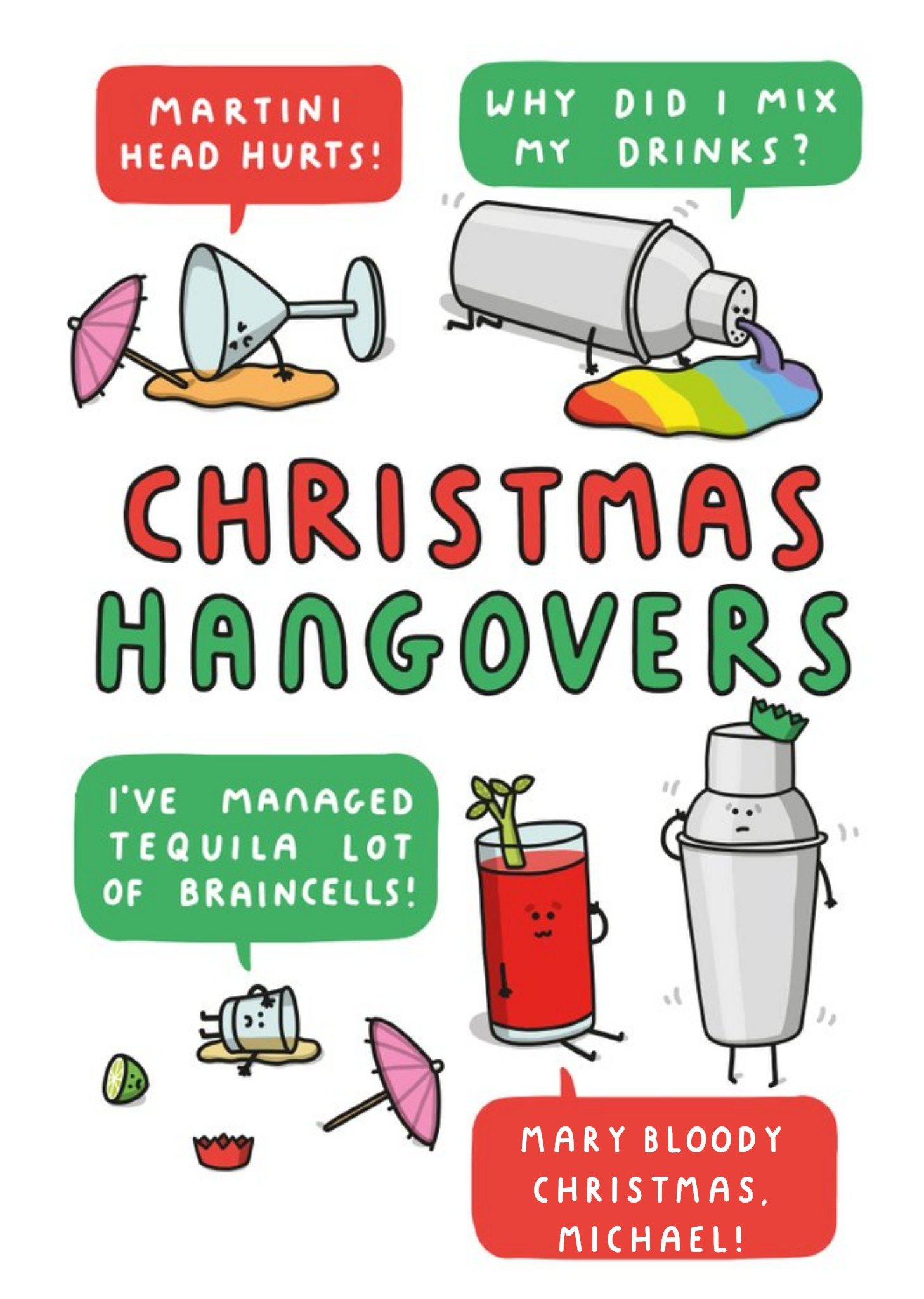 Moonpig Illustrated Drinks Hangover Pun Christmas Card, Large