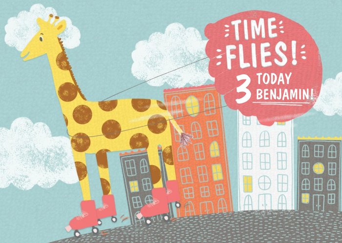 Giraffe On Roller Skates Personalised Birthday Card