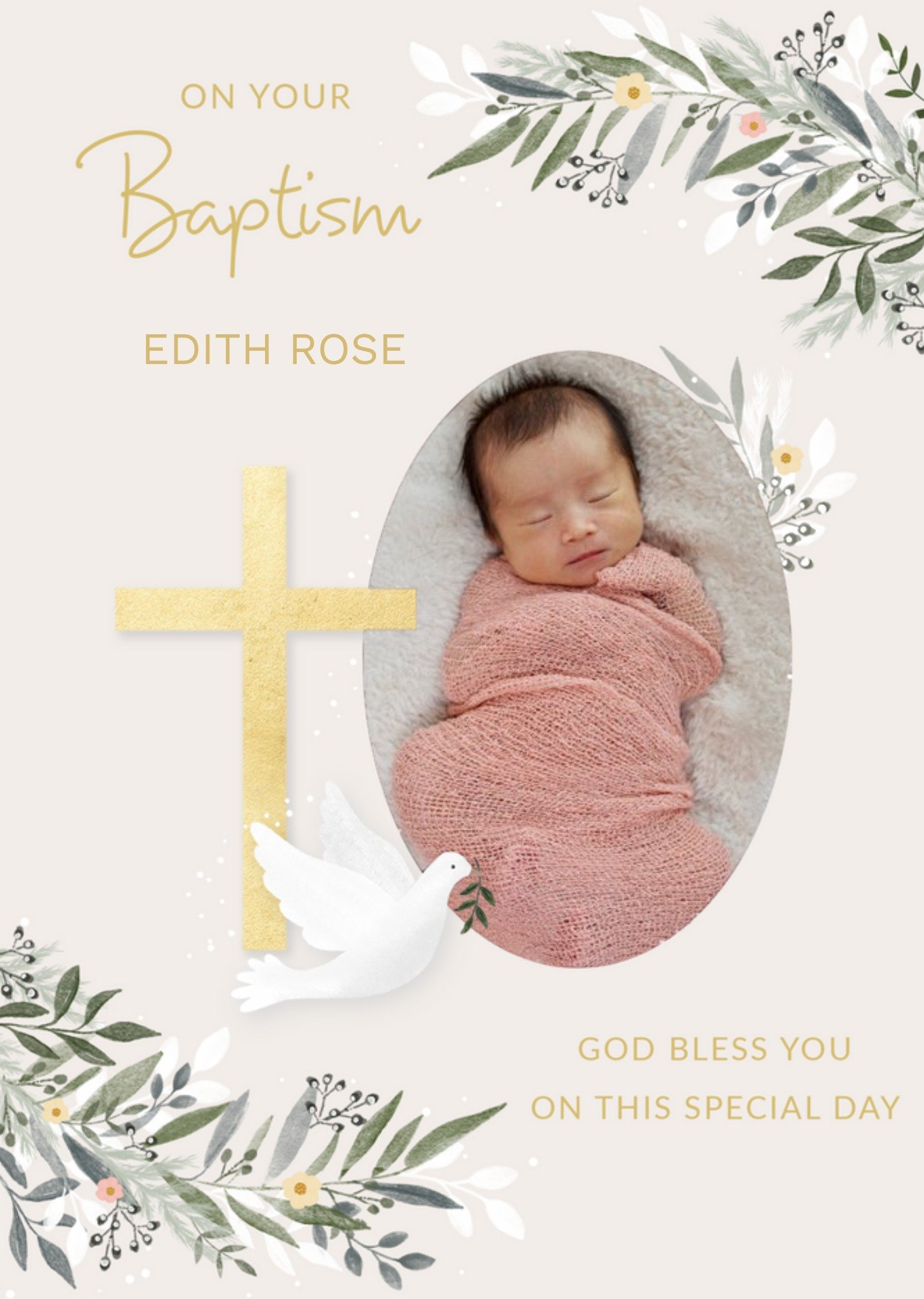Moonpig Paperlink Holy Cross Floral Baptism Card, Large
