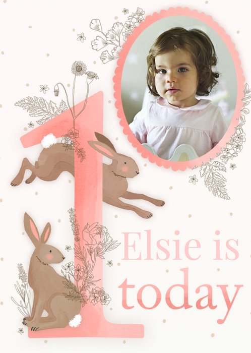 Illustrated Pink Photo Upload Floral Rabbit 1st Birthday Card