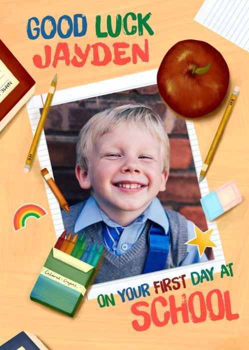 Illustration Of A Desk With Stationery And A Photo Frame First Day Of School Photo Upload Card