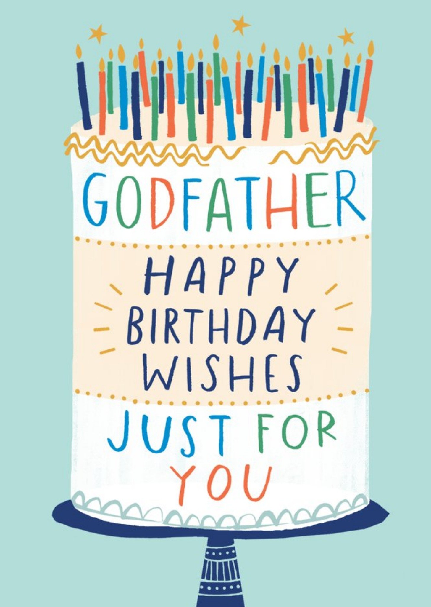 Moonpig Illustration Of A Birthday Cake On A Teal Background Godfather's Birthday Card, Large