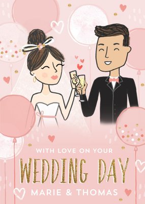Raspberry Fizz Pink Illustrated Bride & Groom Wedding Day Card