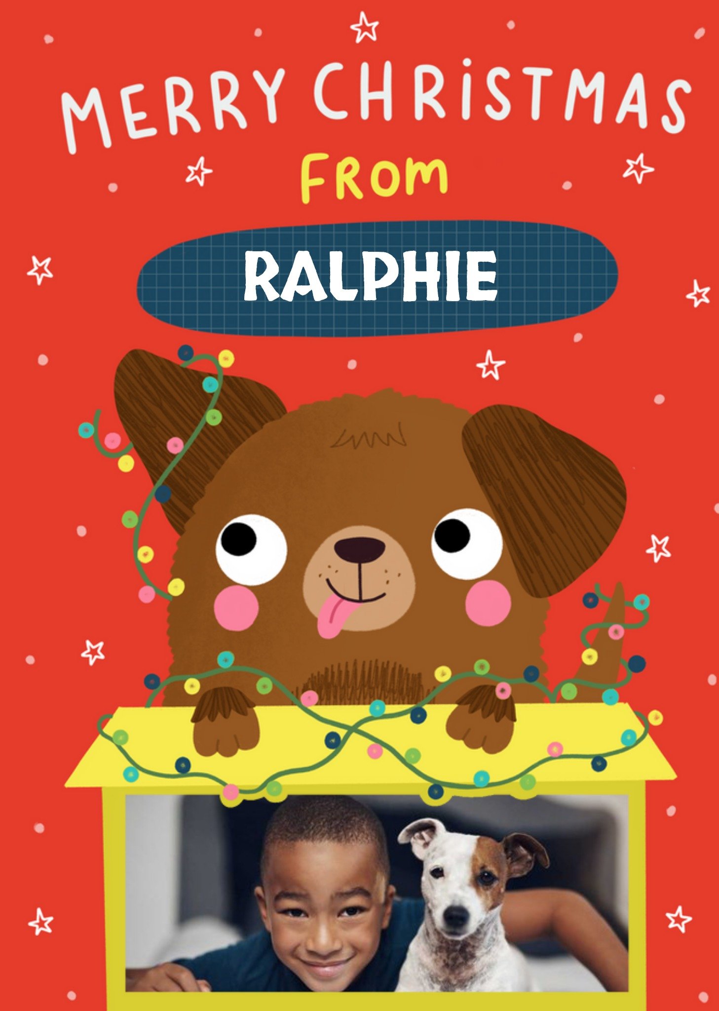 Illustration Of A Cute Dog Surrounded By Festive Lights From The Dog Photo Upload Christmas Card Ecard