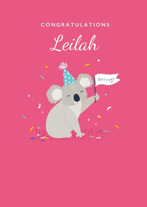 Cute Illustration Of A Koala Surrounded By Confetti On A Pink Background Congratulations Card