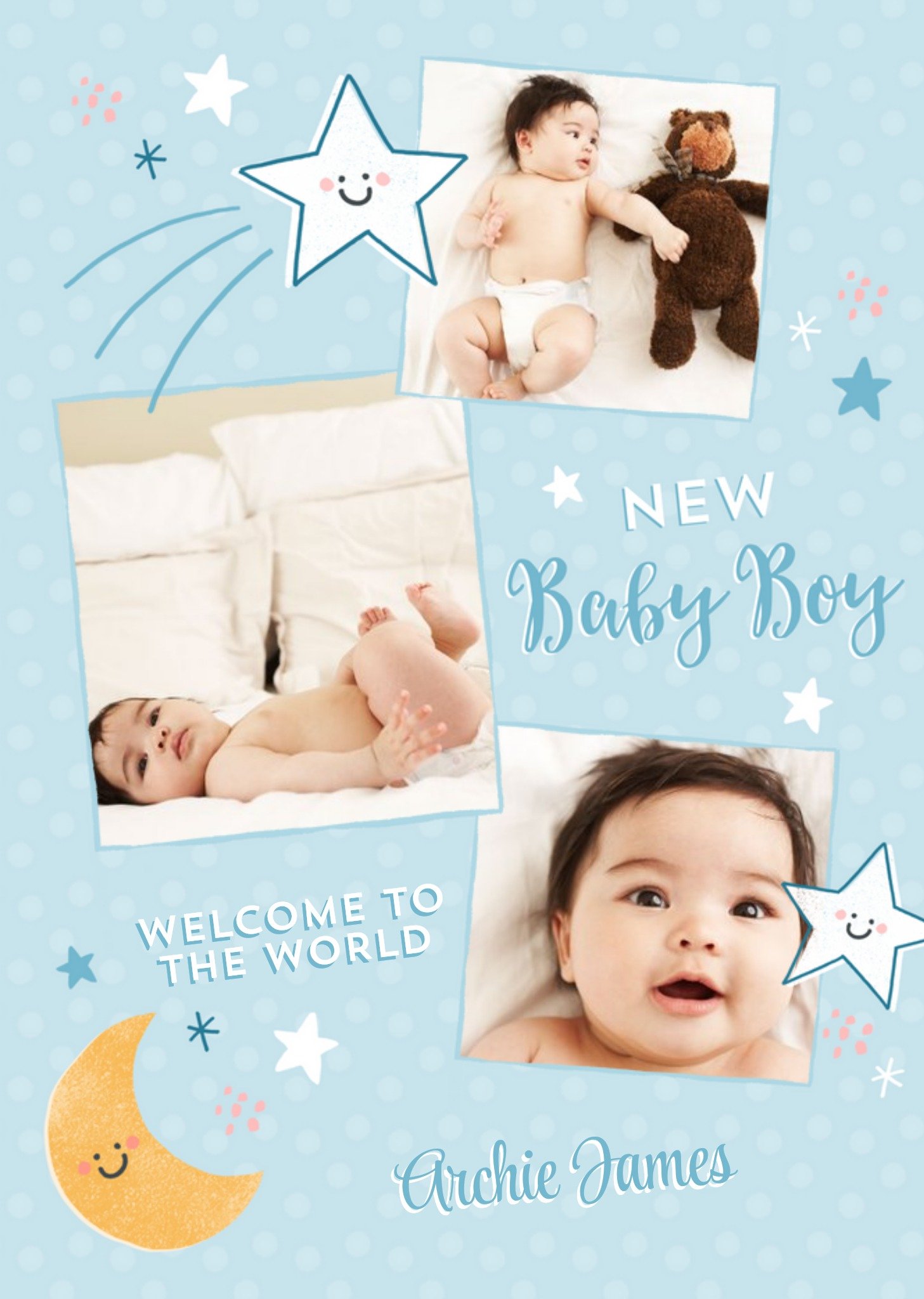 Moonpig Blue Stars And Moon New Baby Boy Photo Upload Card, Large