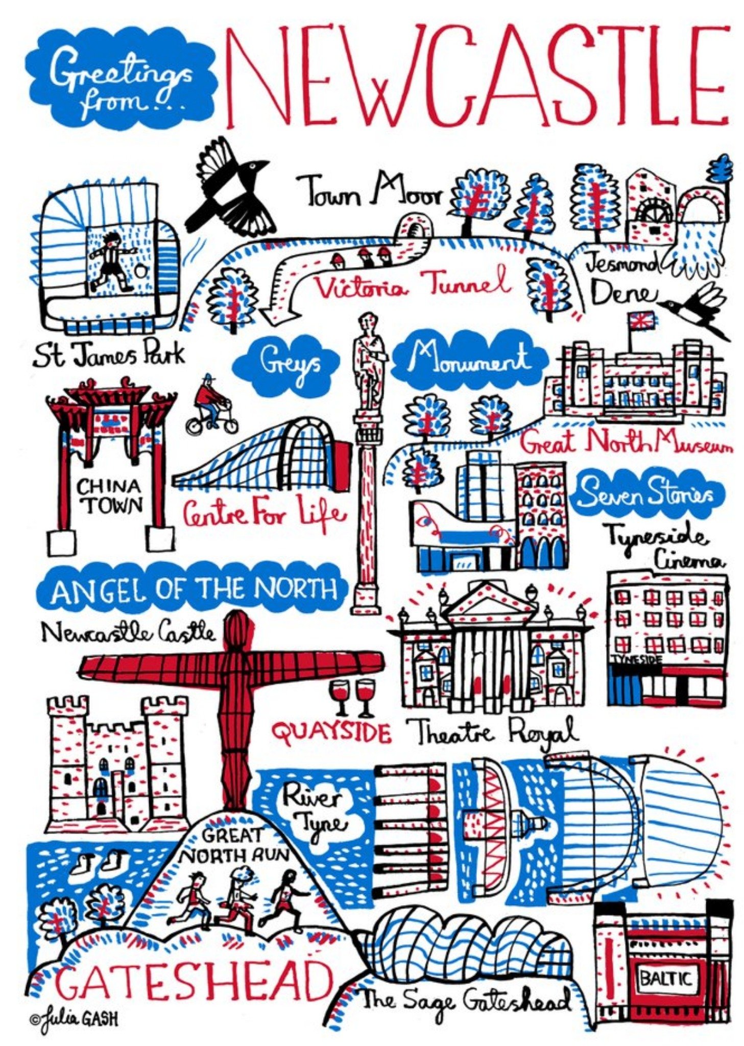 Illustrated Scenic Map Greetings From Newcastle Card Ecard