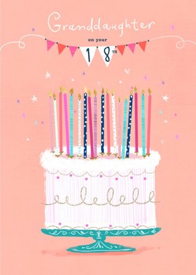 Cute illustration Cake With Candles Granddaughter On Your 18th Birthday Card