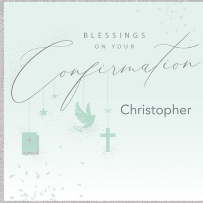 Spot Illustration Of A Dove A Bible A Cross And Stars With Handwritten Typography Confirmation Card