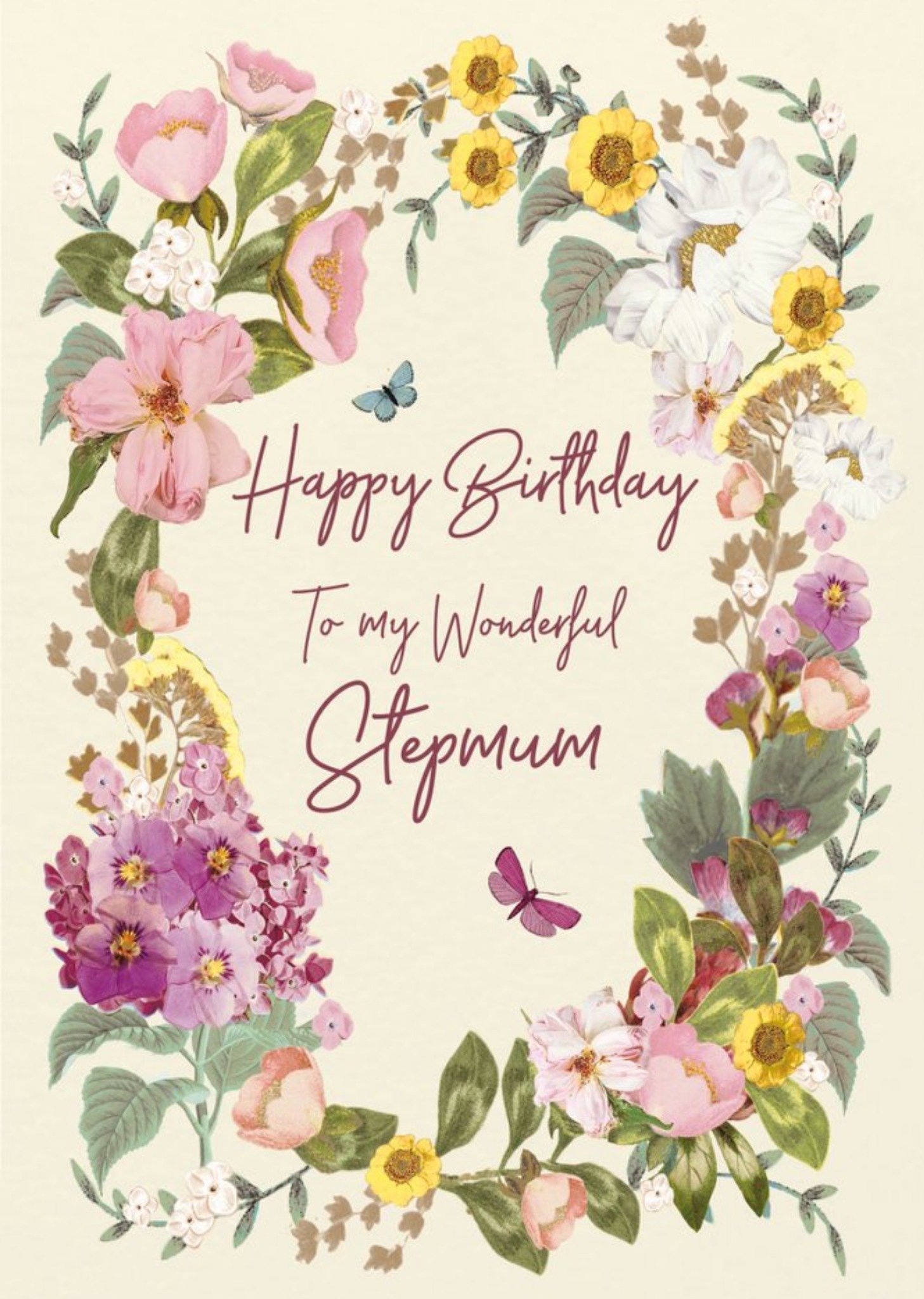 Floral Illustrated Typographic Personalised Step Mum Birthday Card Ecard