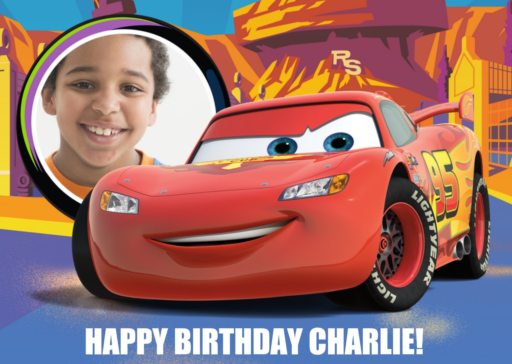 Disney Lightning Mcqueen Landscape Personalised Photo Upload Card