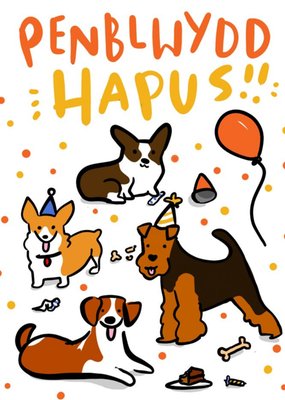 Bright, Quirky Illustrations Of Various Welsh Dogs, Penblywdd Hapus Card