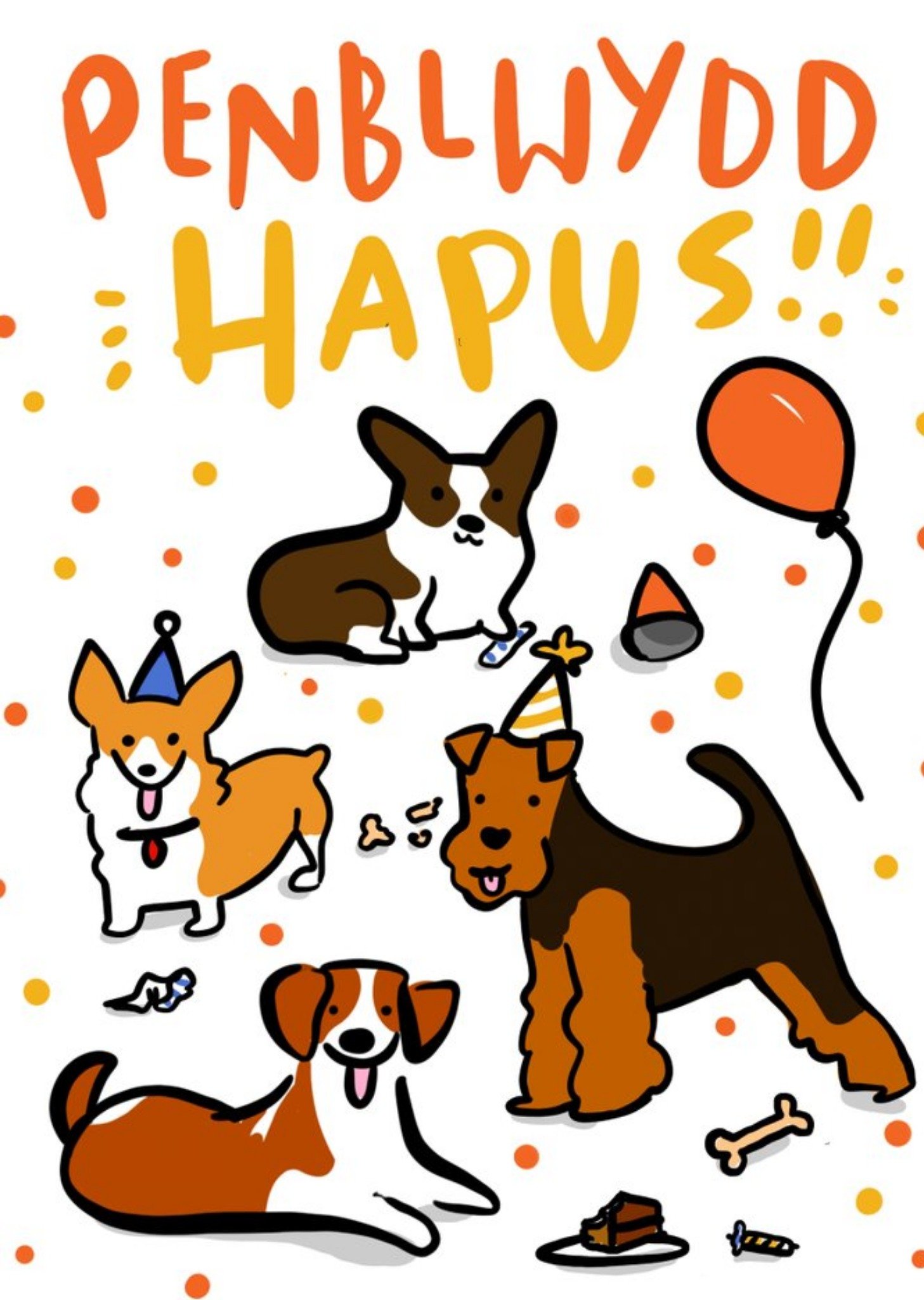 Bright, Quirky Illustrations Of Various Welsh Dogs, Penblywdd Hapus Card Ecard