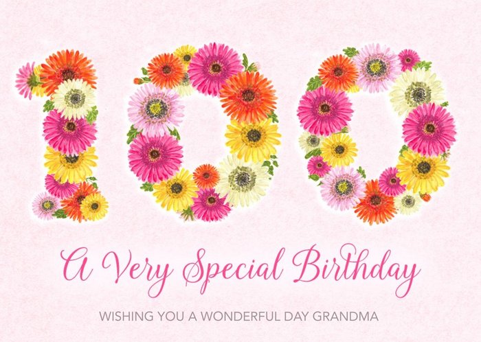 Beautiful illustration of the Number 100 Made Out of Flowers Editable Text Birthday Card