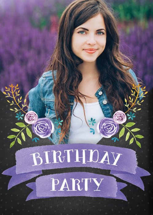 Lilac Banner And Flowers Photo Upload Birthday Party Invitation