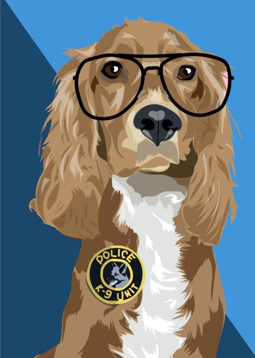 Illustrated Glasses Police K9 Unit Golden Spaniel Dog Card