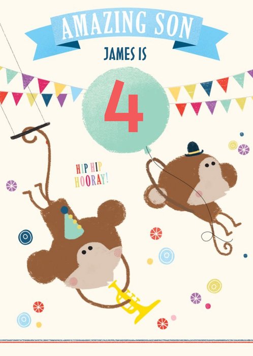 Illustration Of Monkeys In Party Hats With A Balloon And Buntings Son's Birthday Card