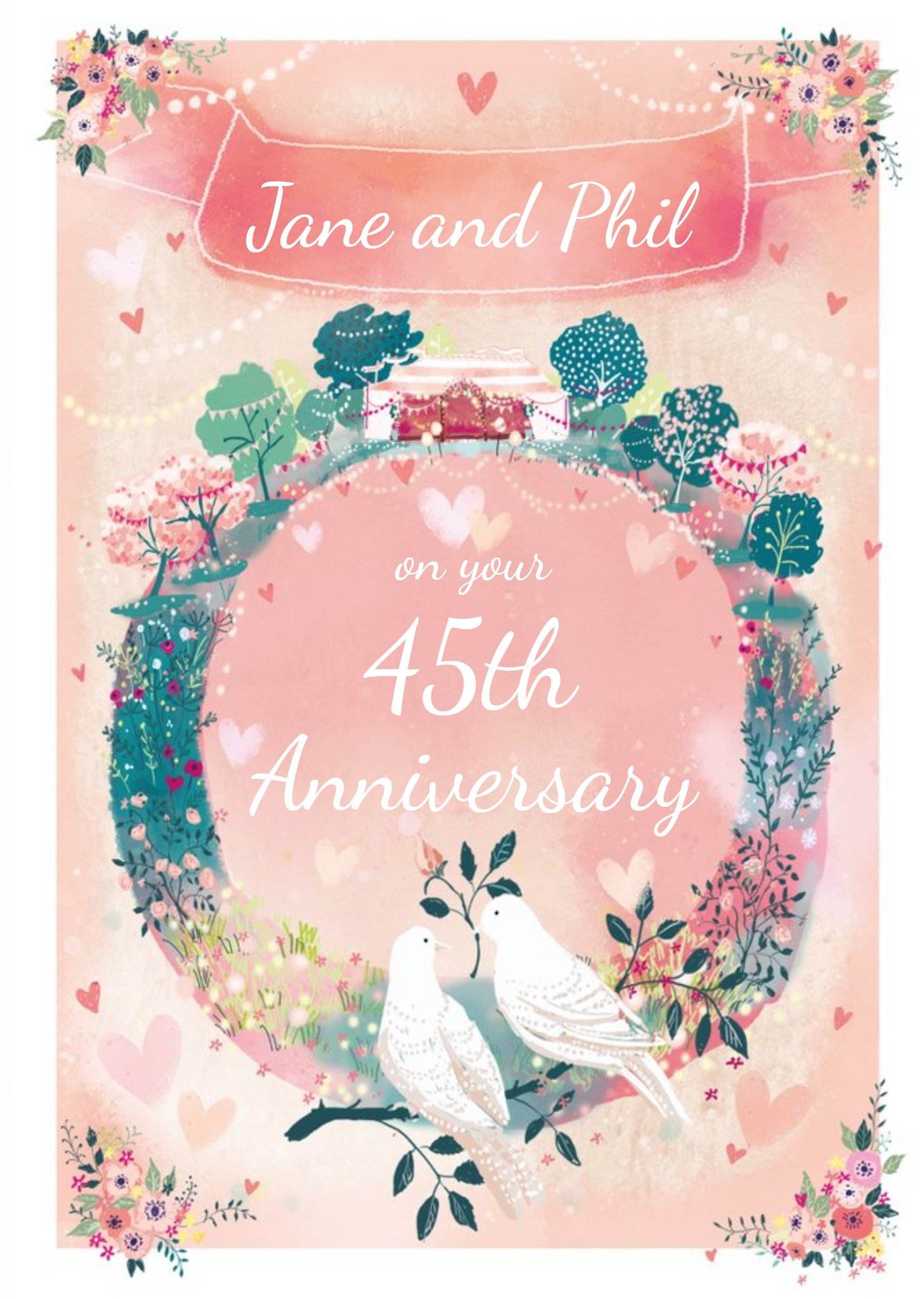 Ling Design Floral Wreath And Loving Doves 45th Anniversary Card