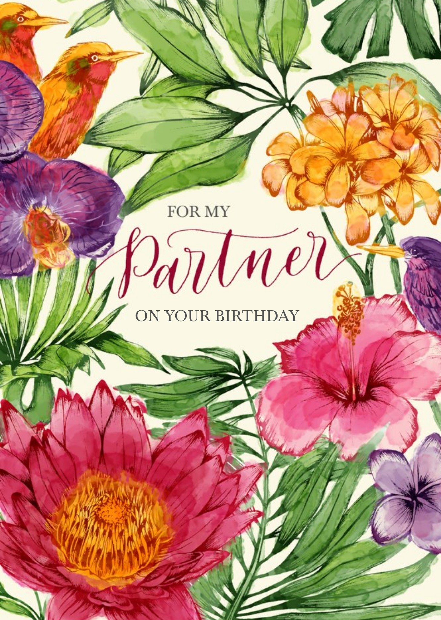 For My Partner Watercolour Flowers Birthday Card Ecard