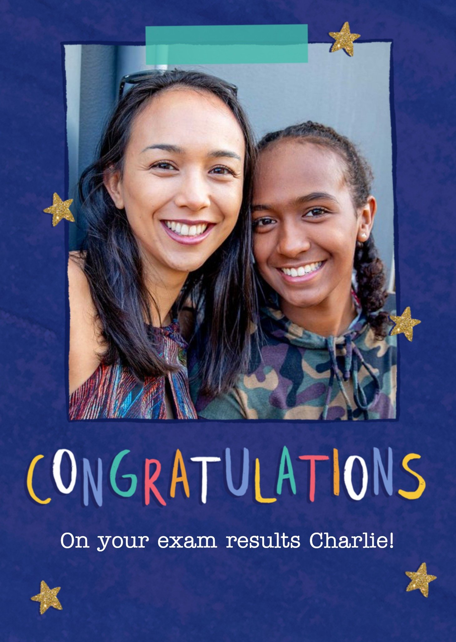 Colourful Typography With Stars Exams Photo Upload Congratulations Card