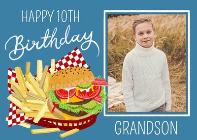 Okey Dokey Illustrated Burger Nad Chips Grandson 10th Birthday Photo Upload Card