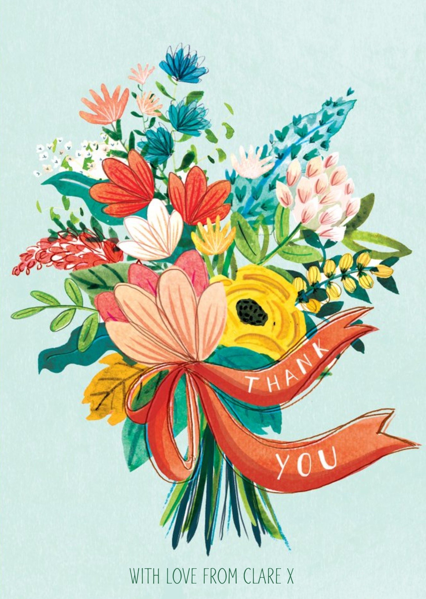 Flower Bouquet Illustration - Thank You. Editable Text Below Image. Postcard